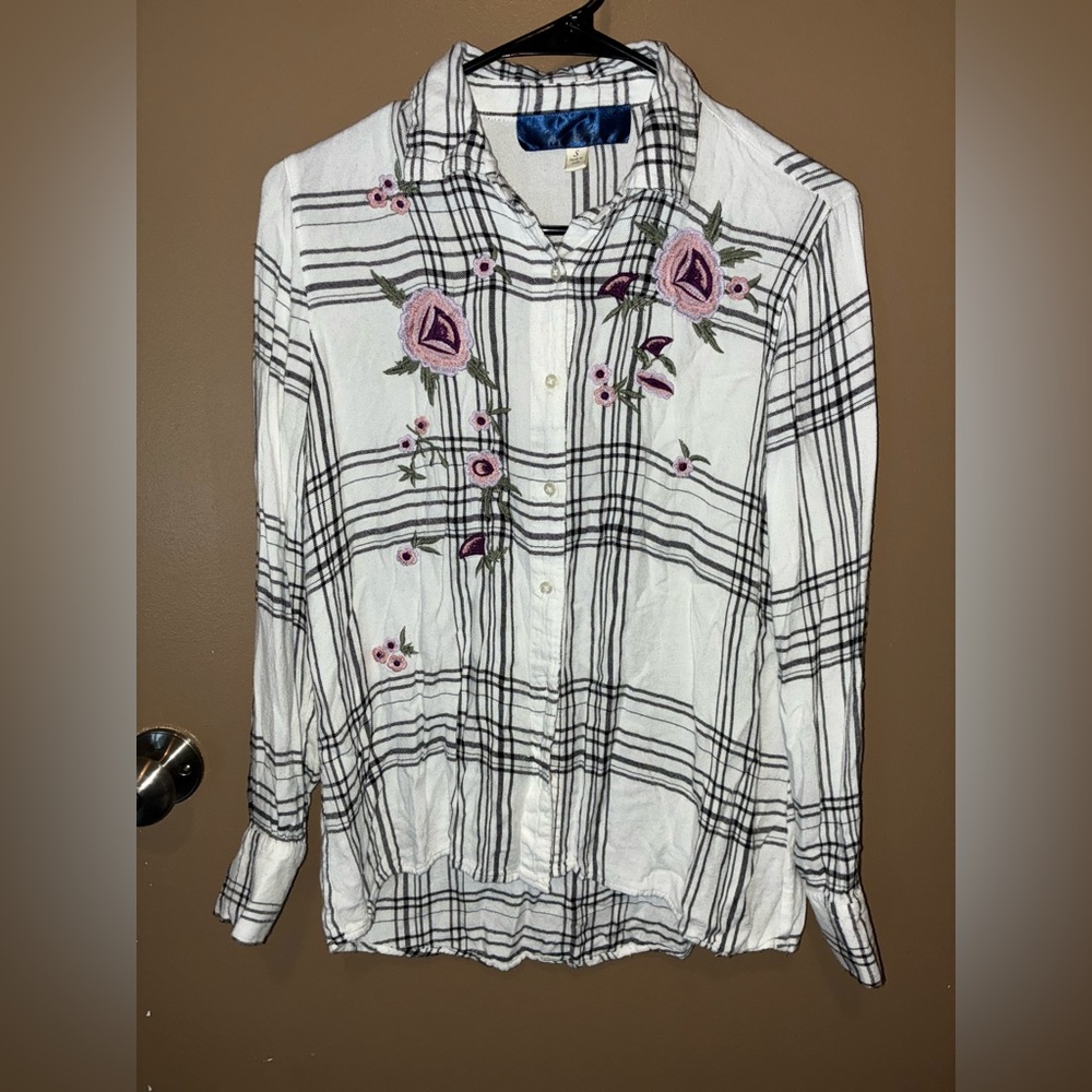 Blue Rain Embroidered Floral Plaid Button Up Boho Shirt